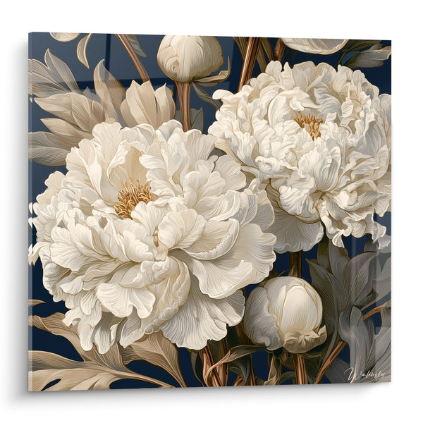 Tableau Pivoines ivoire sur fond bleu marine - Éclosion précieuse - Edition Pivoine