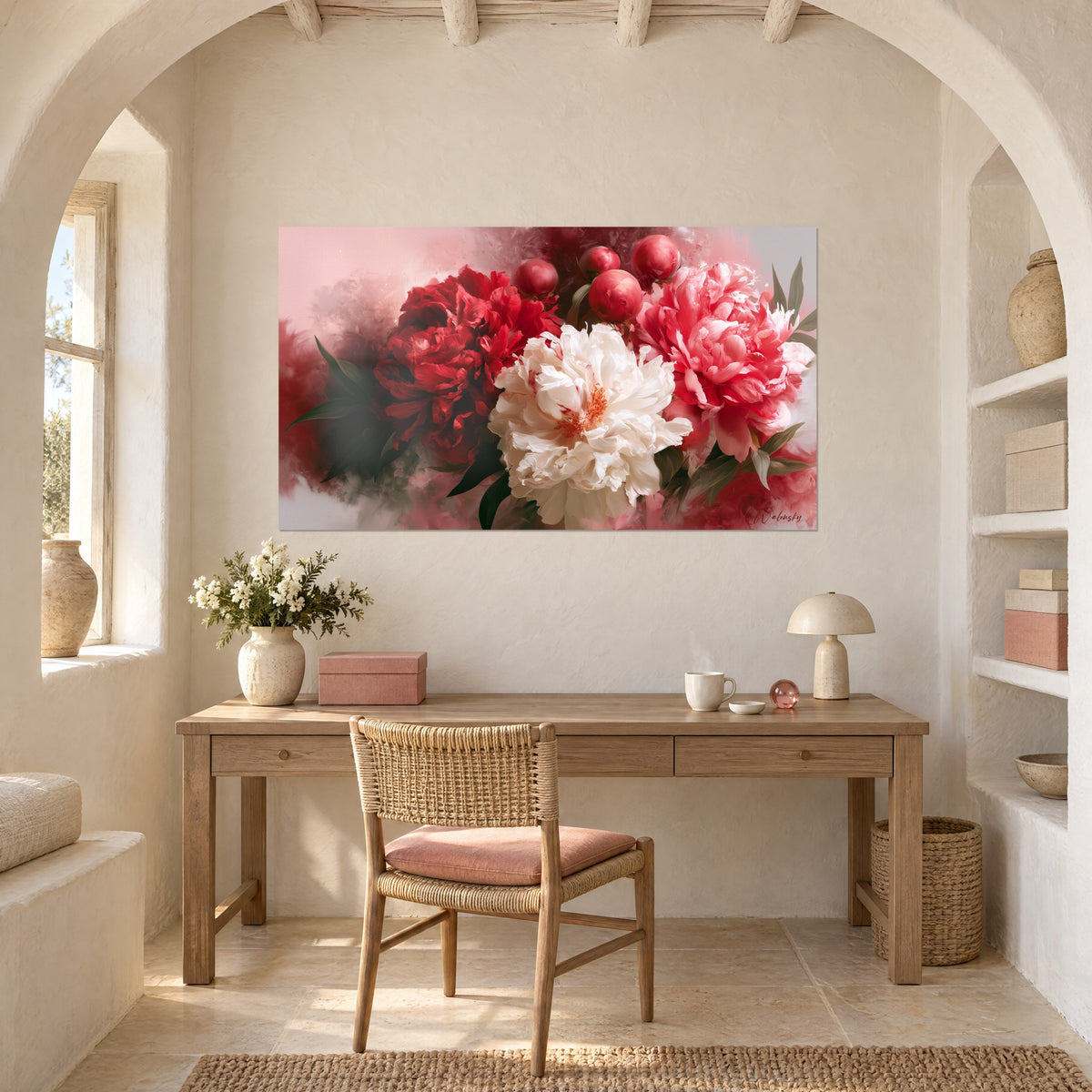 Wall art large bouquet of crimson and cream peonies with dark green foliage, above a light wood desk near an arched alcove