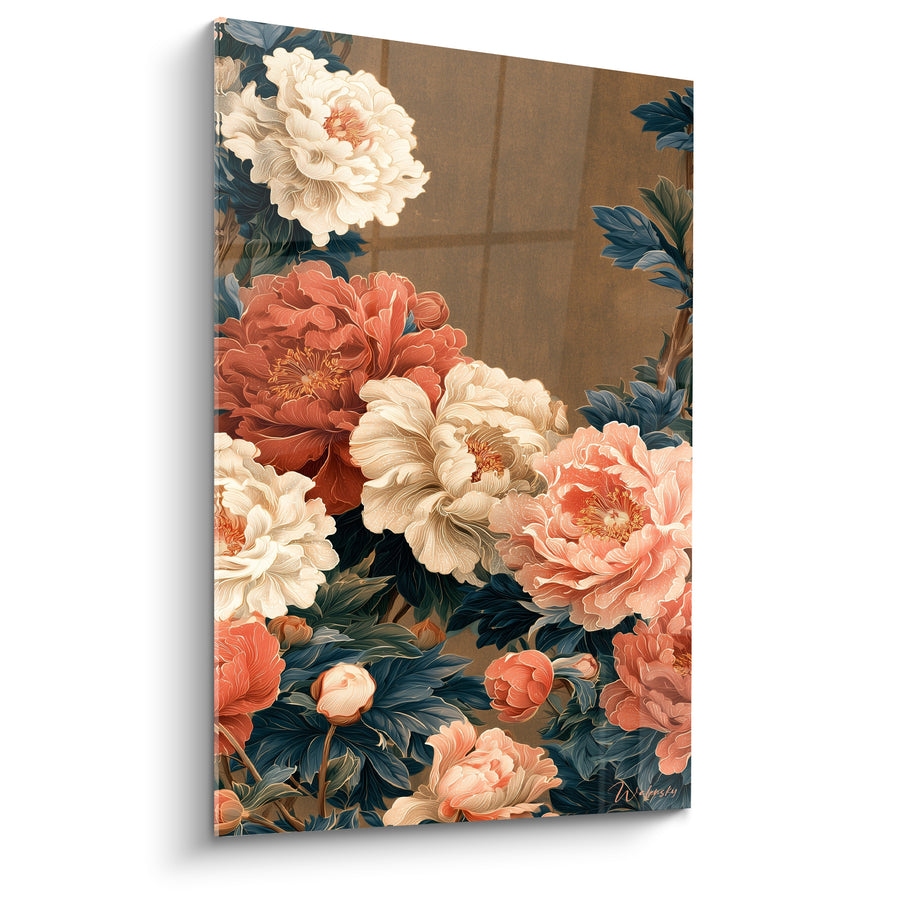 Tableau Pivoines corail et ivoire aux feuilles bleu pétrole - Fond quadrillé brun - Edition Pivoine