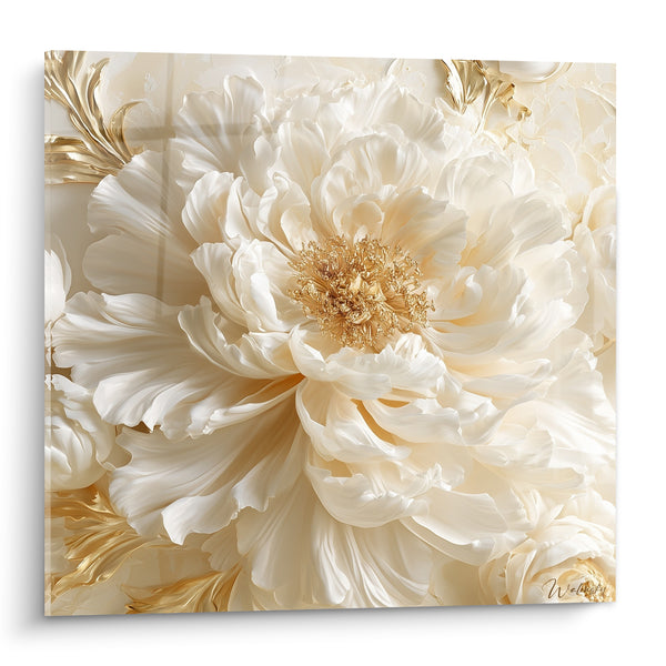 Tableau Pivoine ivoire et dorée aux feuilles sculptées - Cœur d'étamines dorées - Edition Pivoine