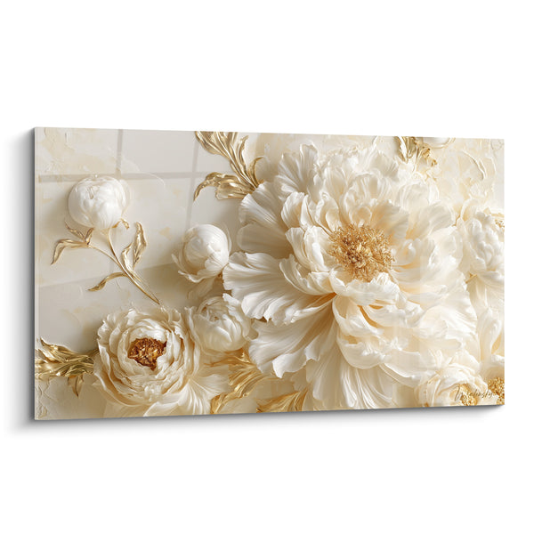 Tableau Pivoines ivoire aux feuilles dorées - Éclosion nacrée - Edition Pivoine