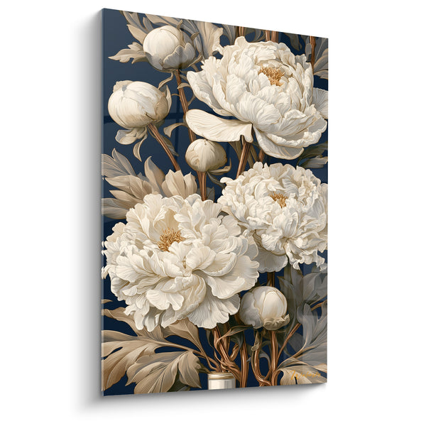 Tableau Pivoines ivoire et bleu marine aux tiges dorées - Boutons fermés serrés - Edition Pivoine