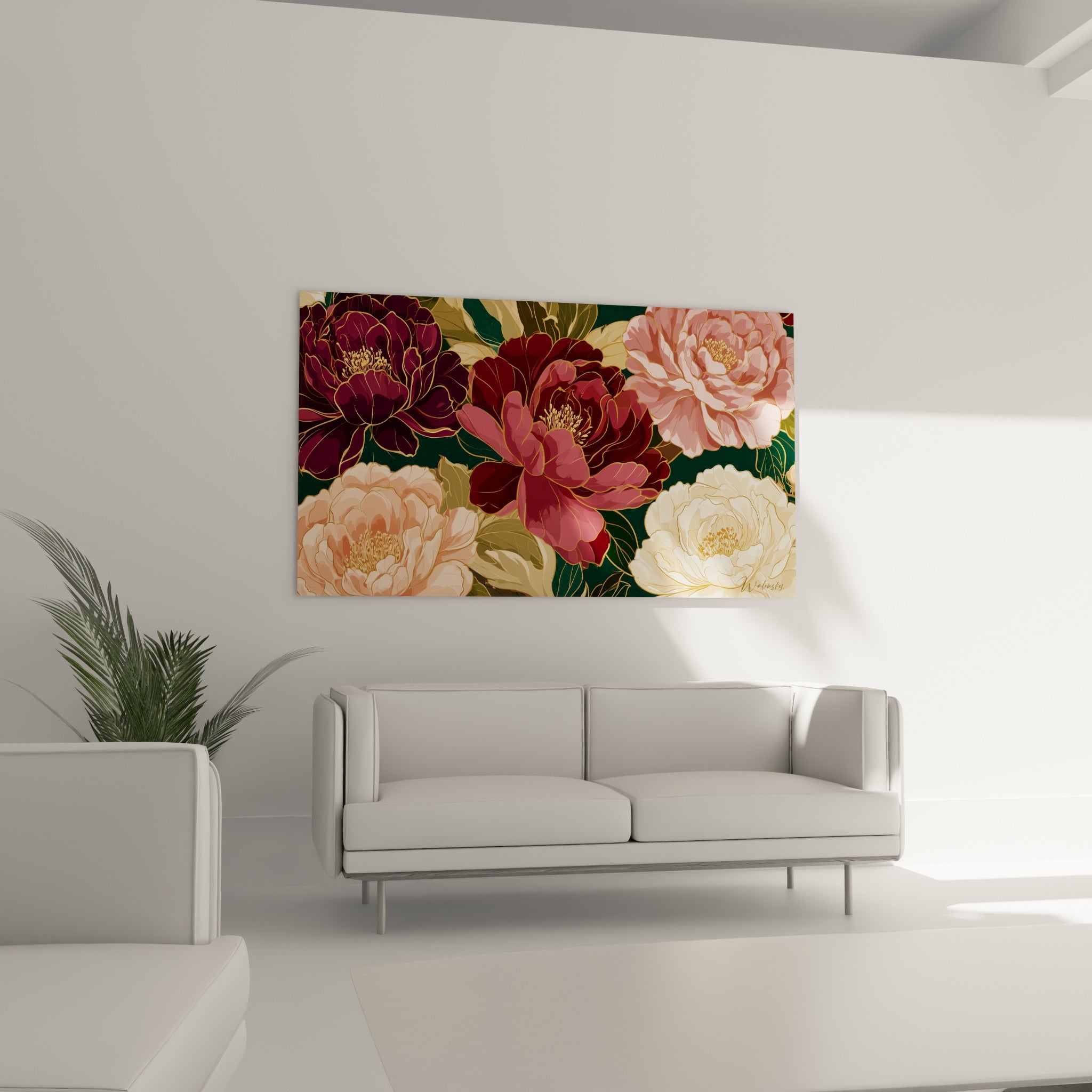 Corolles de pivoines violettes et ivoire richement dessinées au-dessus d'un canapé dans un salon lumineux