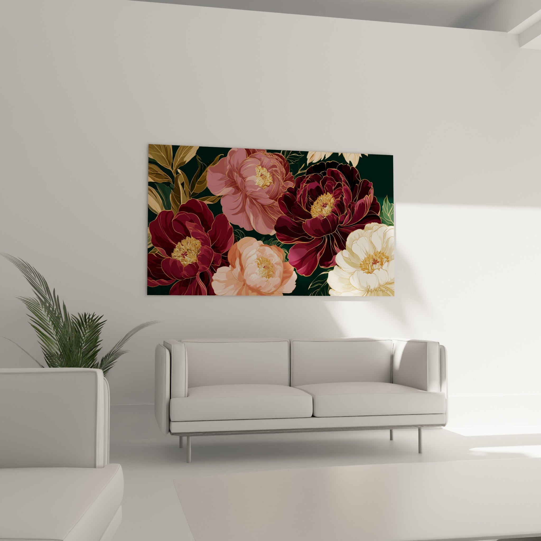 Pivoines roses et bordeaux aux pétales délicats, suspendues au-dessus d'un canapé dans un salon lumineux
