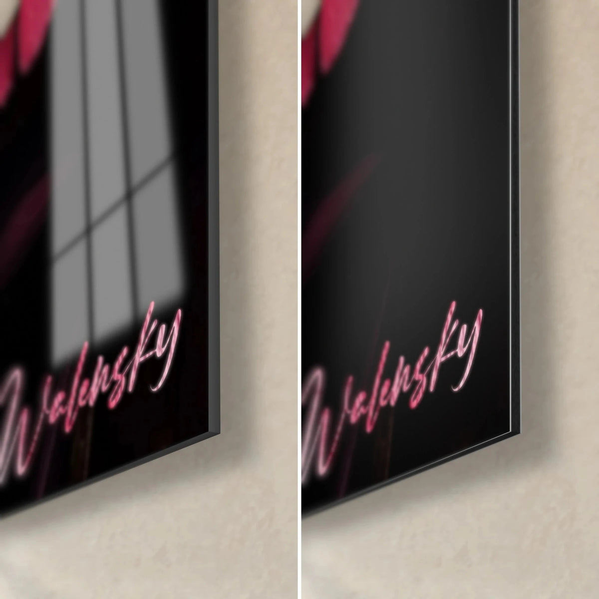 Wall art crimson red peony on a black background, bottom right corner: glossy acrylic glass on the left, matte Dibond on the right, 3 mm edge