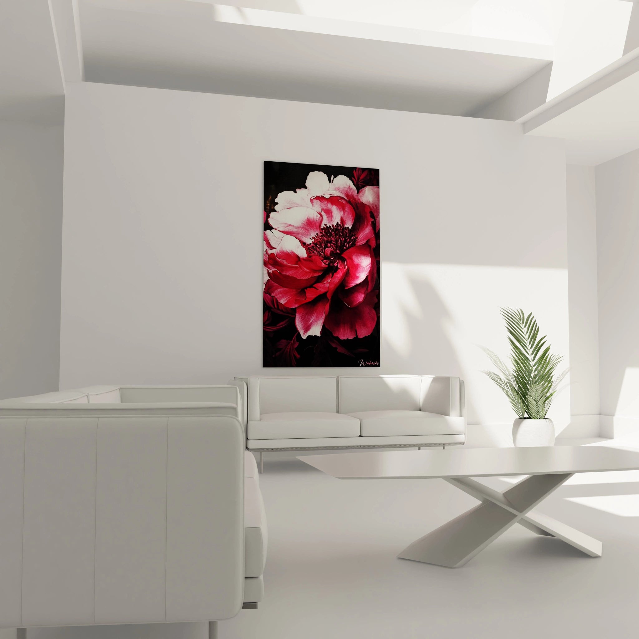 Une composition florale en tableau pivoine nature, mettant en avant une pivoine aux pétales rouge profond et blanc. Effet texturé avec des contrastes marqués entre la fleur et le fond sombre.

