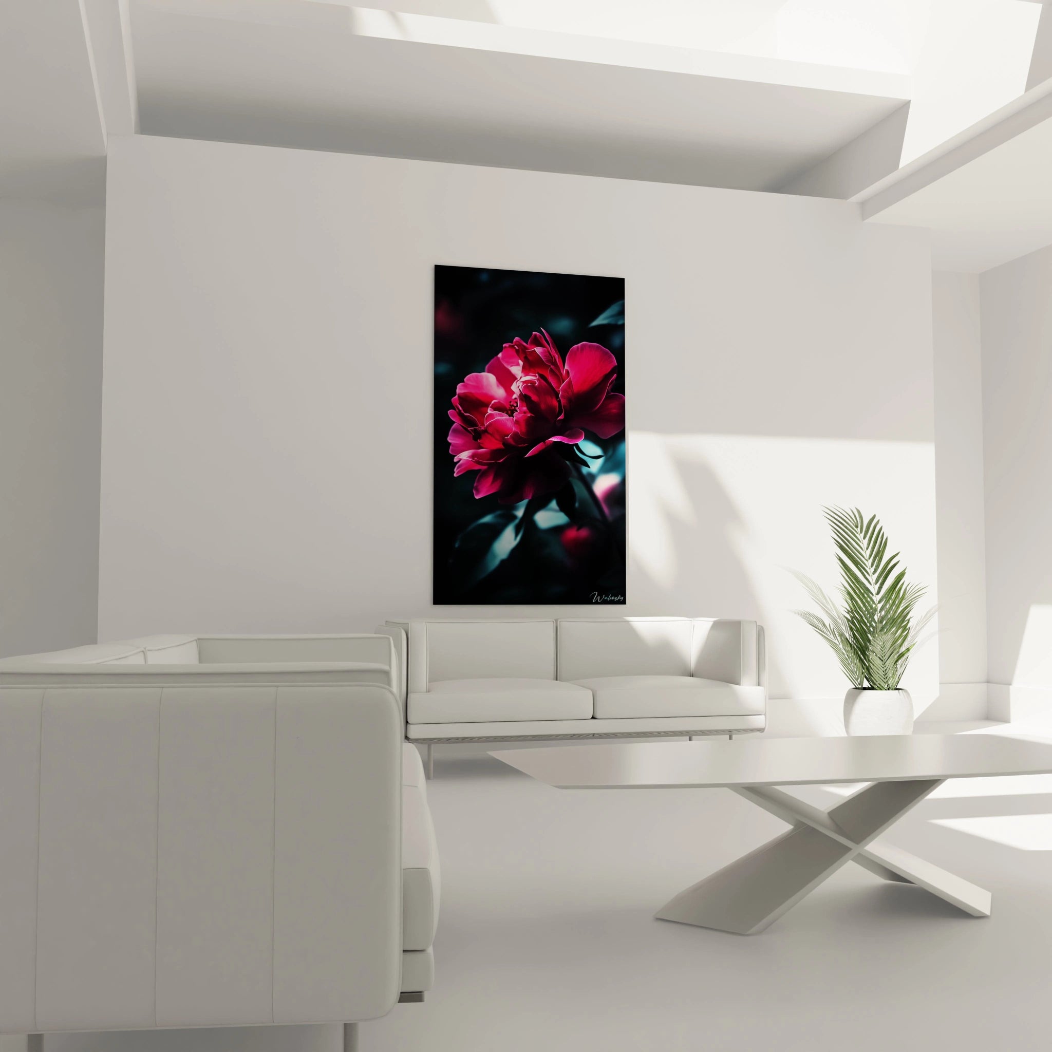 Un tableau pivoine nature mettant en avant une fleur éclatante aux teintes rose et bleutées, avec un jeu d’ombres et de lumières créant un effet de relief et de contraste sur un fond sombre.

