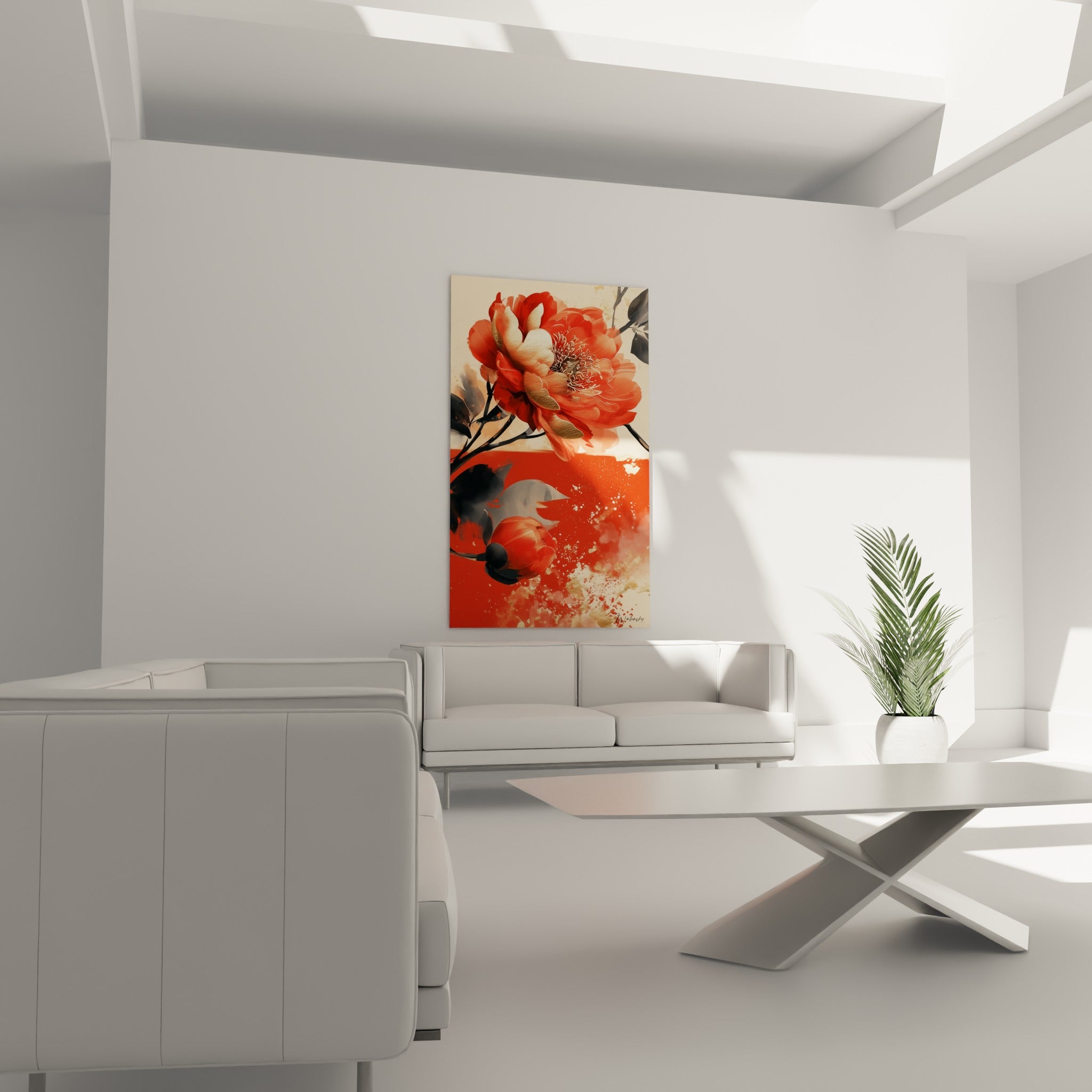 Pétales corail et cœur ivoire de la pivoine surplombant un canapé dans un salon lumineux