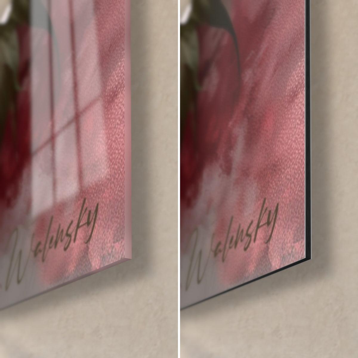 Cuadro peonías rosas y blancas, esquina inferior derecha, firma Walensky gris-rosa, cristal acrílico brillante y Dibond mate, canto de 3 mm