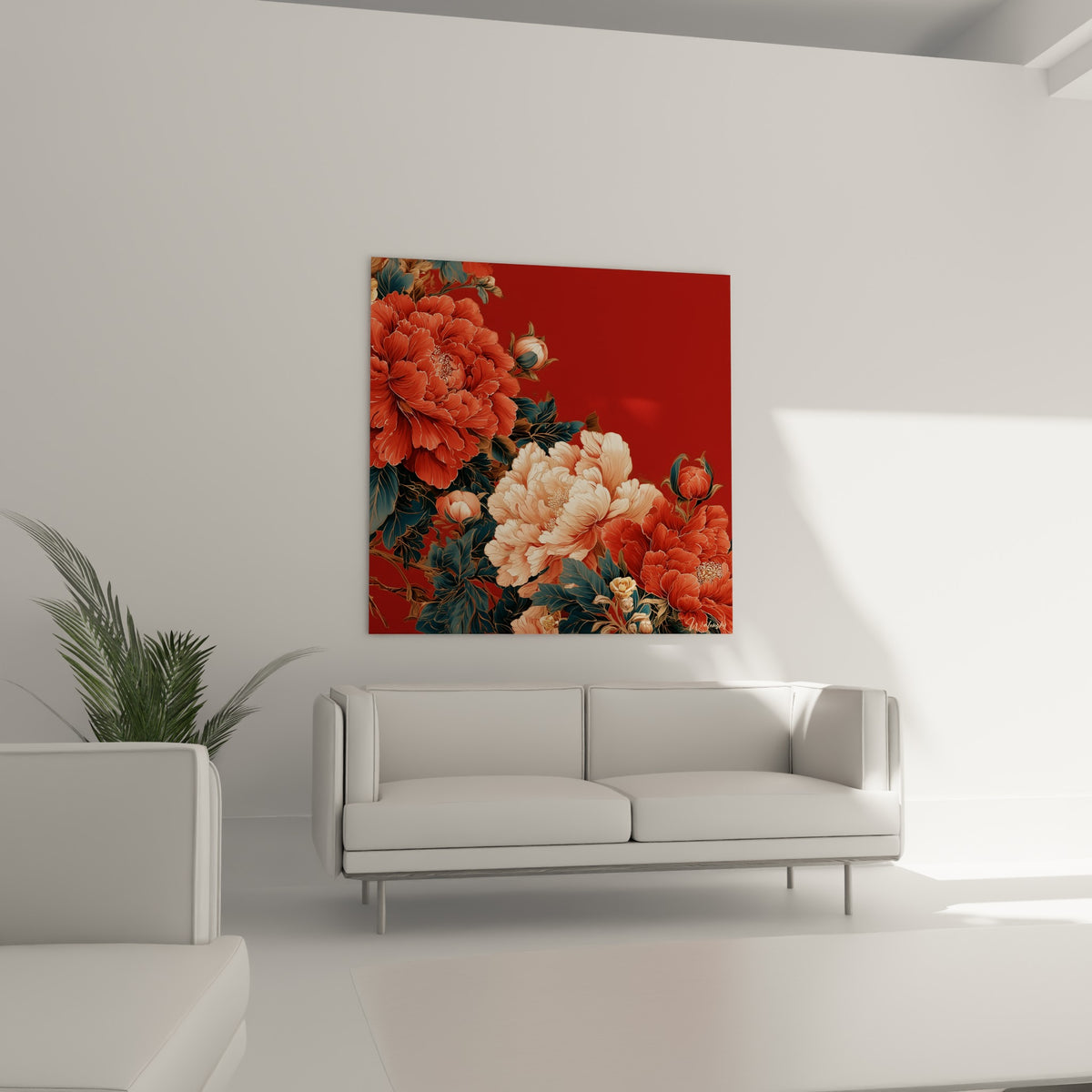 Pétales de pivoines corail et bleu pétrole disposés au-dessus d'un canapé dans un salon lumineux