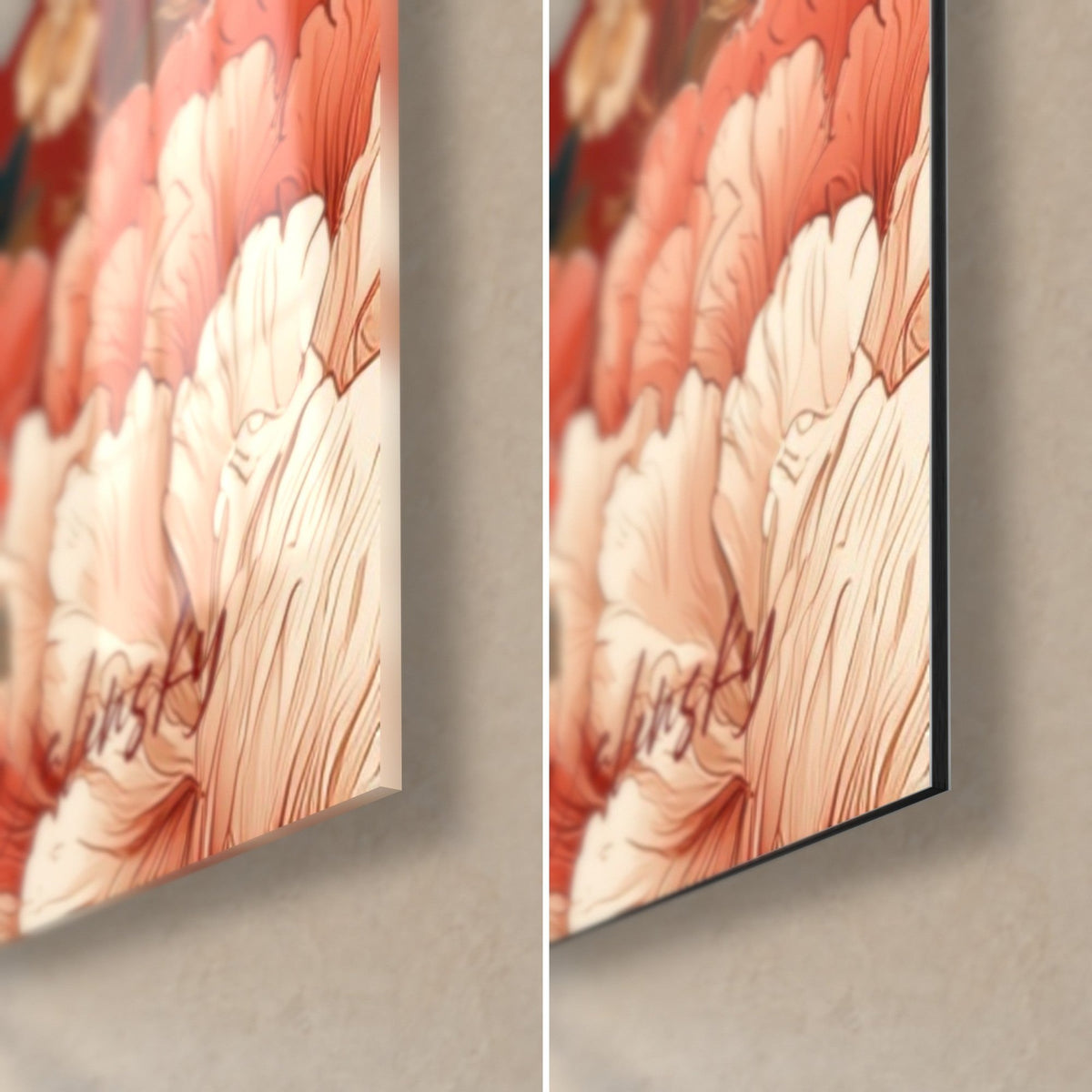 Schilderij pioenbloesems met bleekroze en ivoorkleurige blaadjes, rechteronderhoek van glanzend glas en mat Dibond, zwarte rand van 3 mm