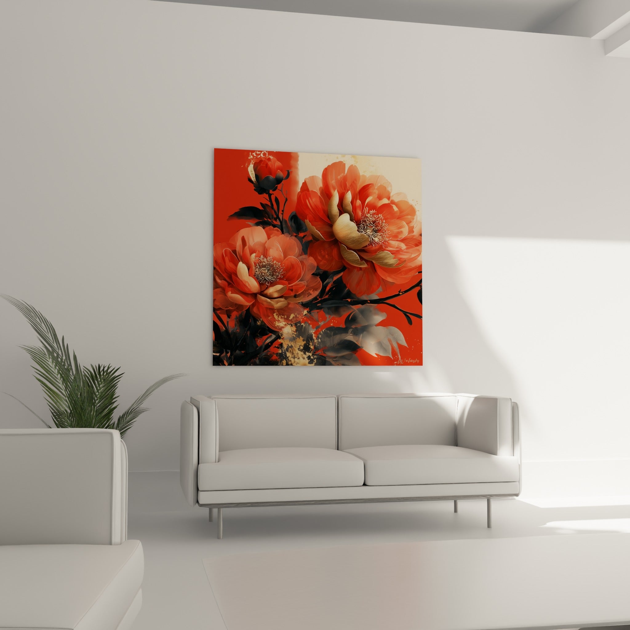 Pétales corail et dorés d'une pivoine peinte au-dessus d'un canapé dans un salon lumineux