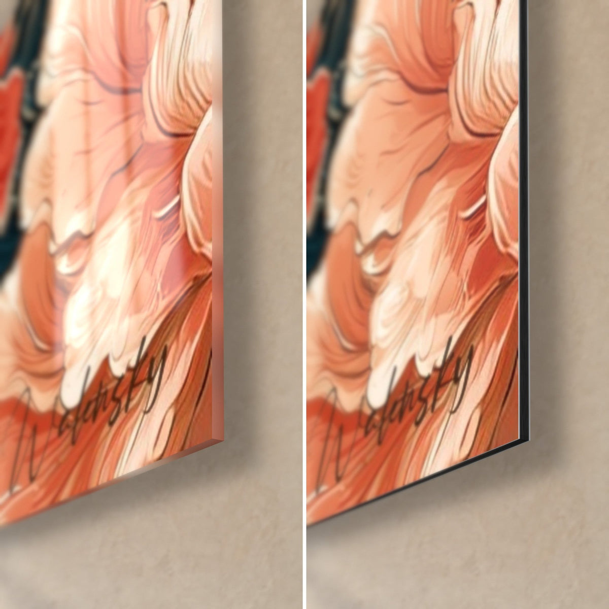 Wall art of salmon-pink peony petals with fine gold edging, bottom right corner: glossy glass on the left, matte Dibond on the right