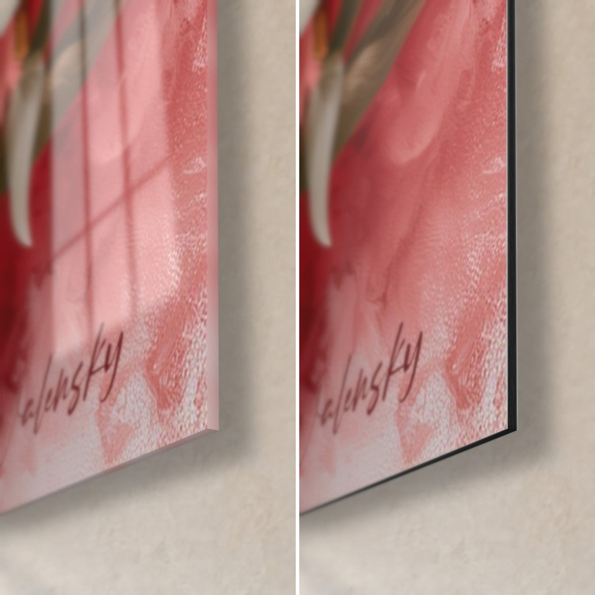 Wall art peonies painted, bottom right corner: glossy acrylic glass with pink reflections on the left, matte Dibond aluminum on the right, 3 mm edge