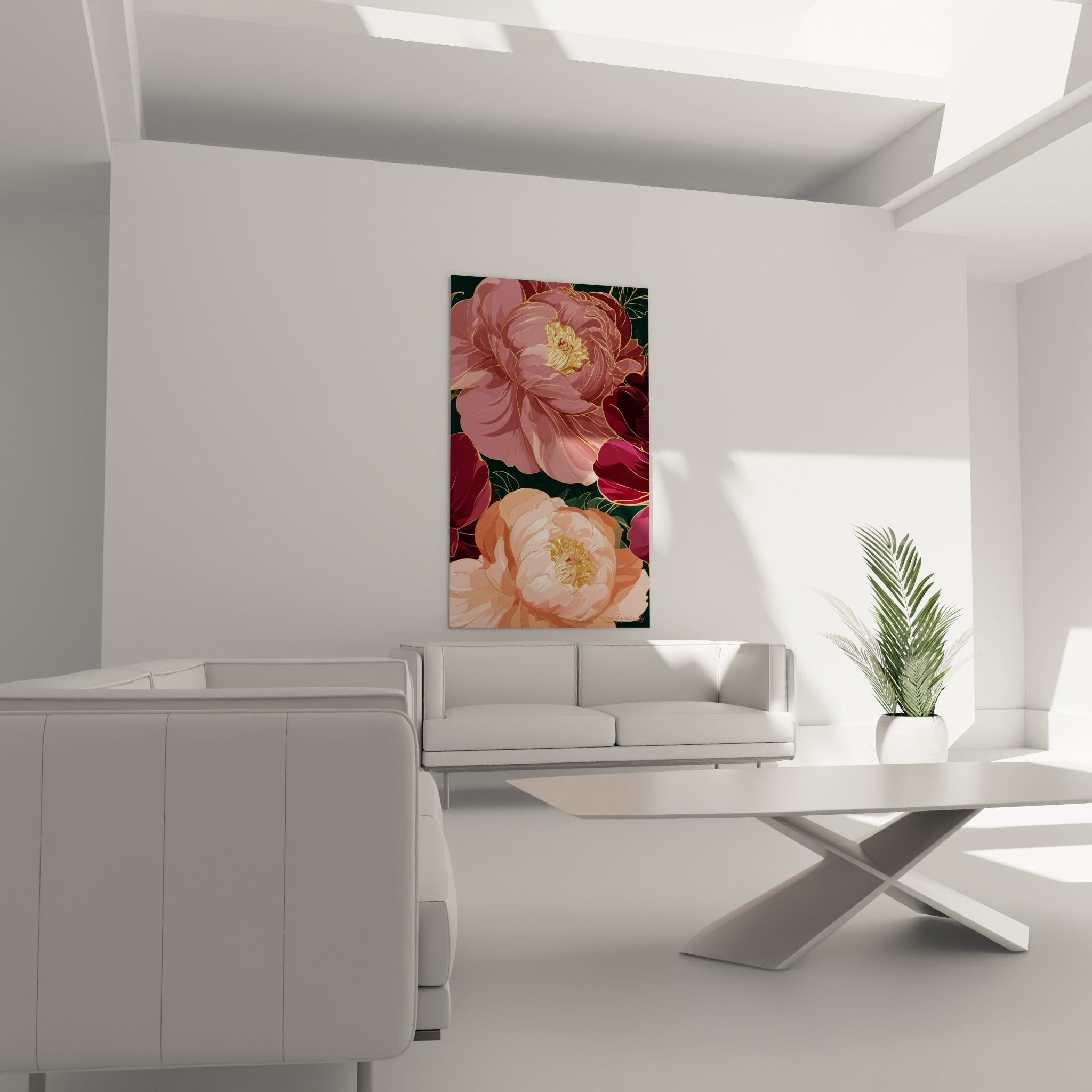 Pétales de pivoine bordeaux et rose poudré au-dessus d'un canapé dans un salon lumineux