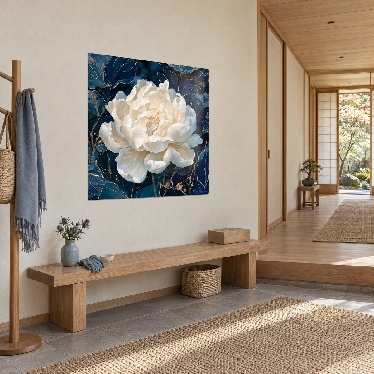 Cuadro flor crema abierta sobre fondo azul noche, nervaduras doradas de las hojas, vista de tres cuartos en un recibidor japandi