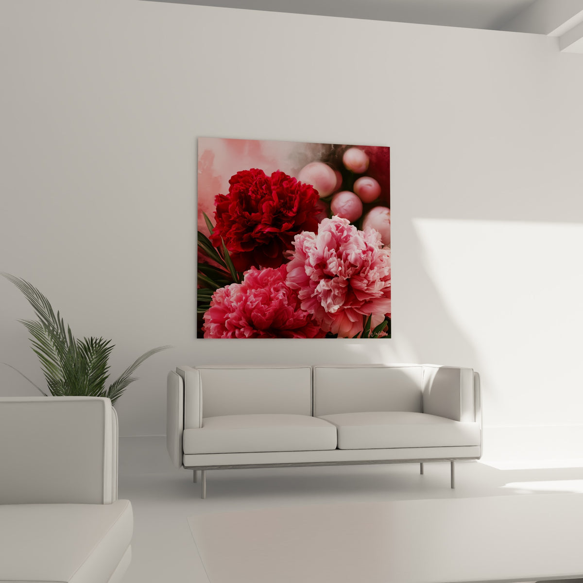 Fleurs de pivoine rose et rouge profond au-dessus d'un canapé dans un salon lumineux