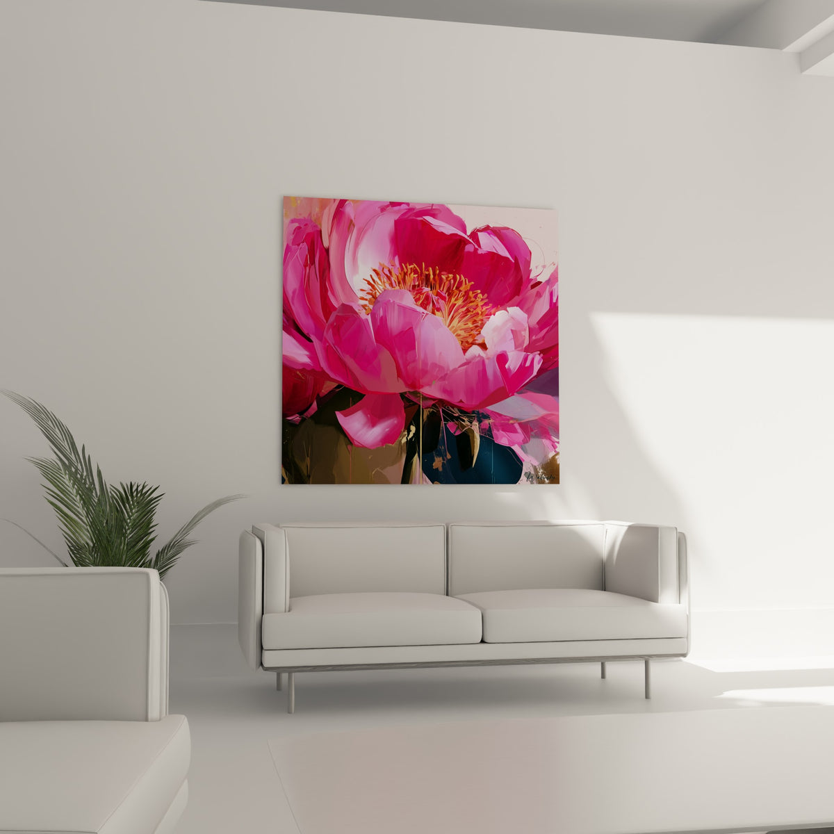 Pétales roses et étamines orangées de la pivoine peinte, suspendus au-dessus d'un canapé dans un salon lumineux