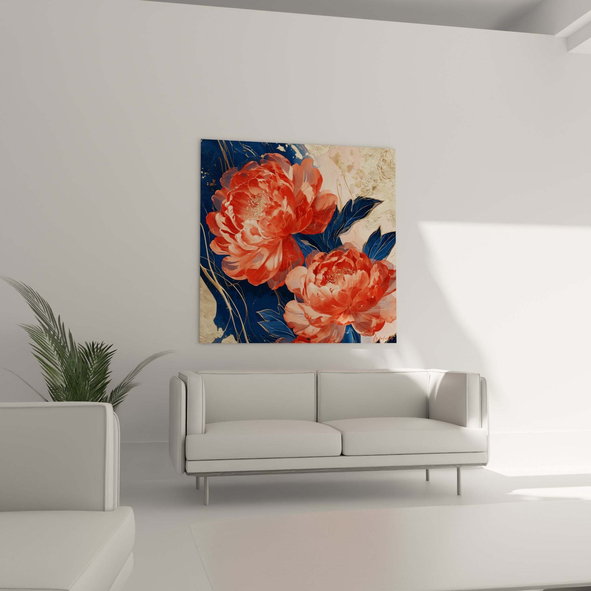 Fleurs de pivoine roses et dorées au-dessus d'un canapé dans un salon lumineux