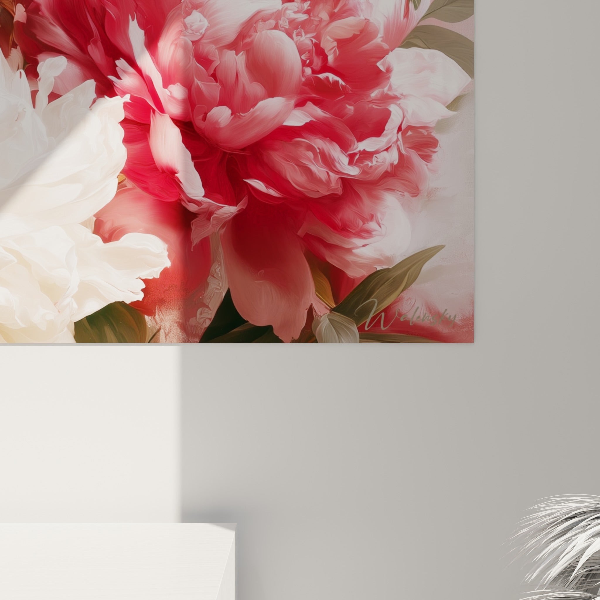 Pétales de pivoine rouge et blanche vus de près, texture veloutée et coulures de lumière