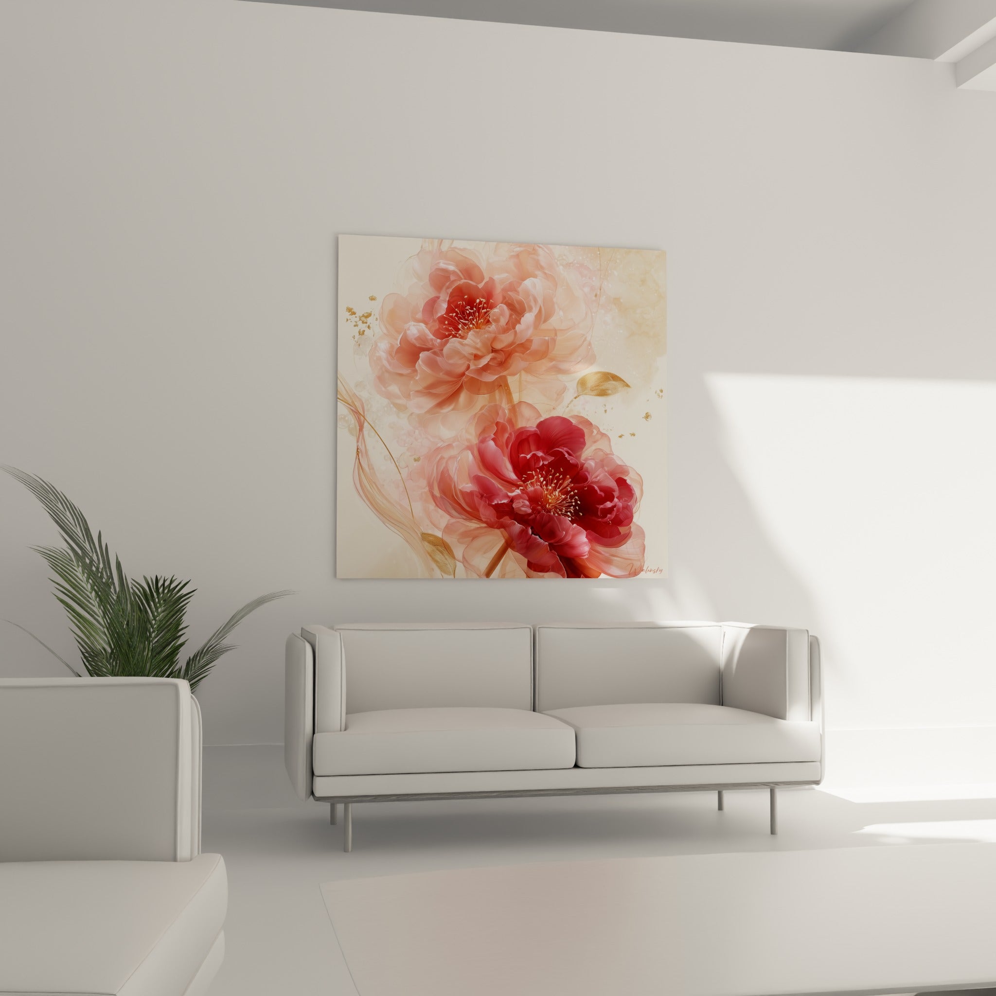 Corolles de pivoine transparentes rose et bordeaux au-dessus d'un canapé dans un salon lumineux