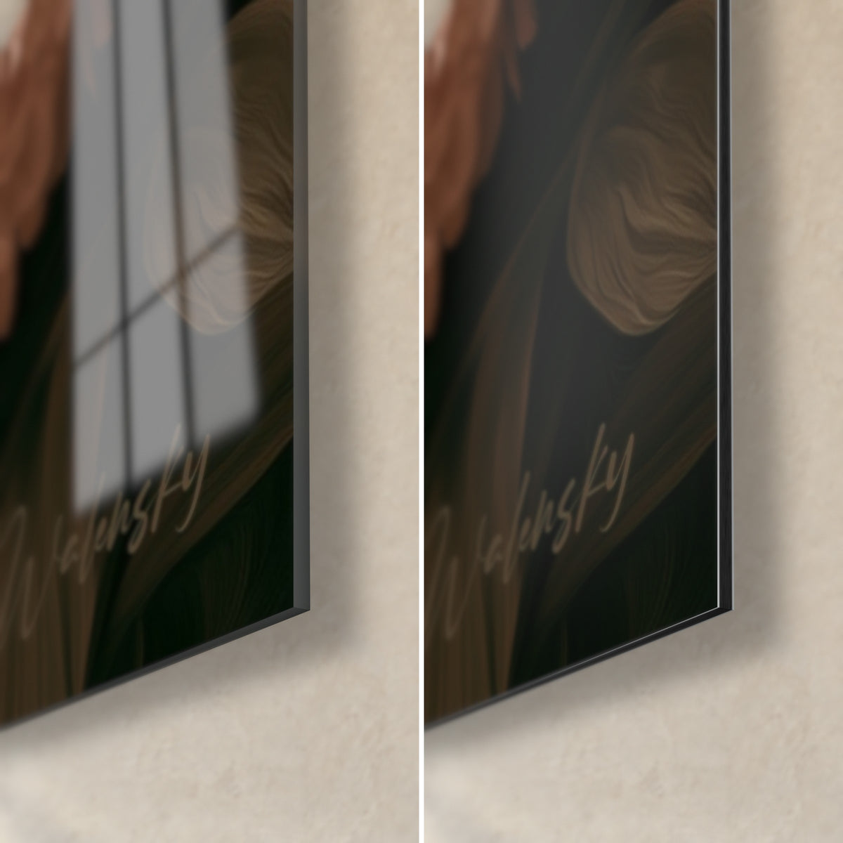 Wall art with peony blooms, bottom right corner: glossy glass reflecting a window on the left, matte Dibond on the right, 3 mm edge