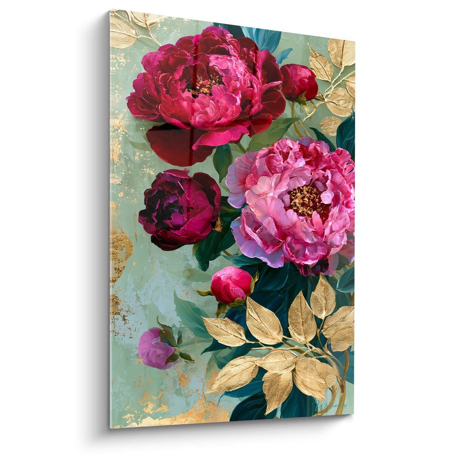 Tableau Pivoines fuchsia et bordeaux aux feuilles dorées ciselées - Fond vert amande écaillé - Edition Pivoine