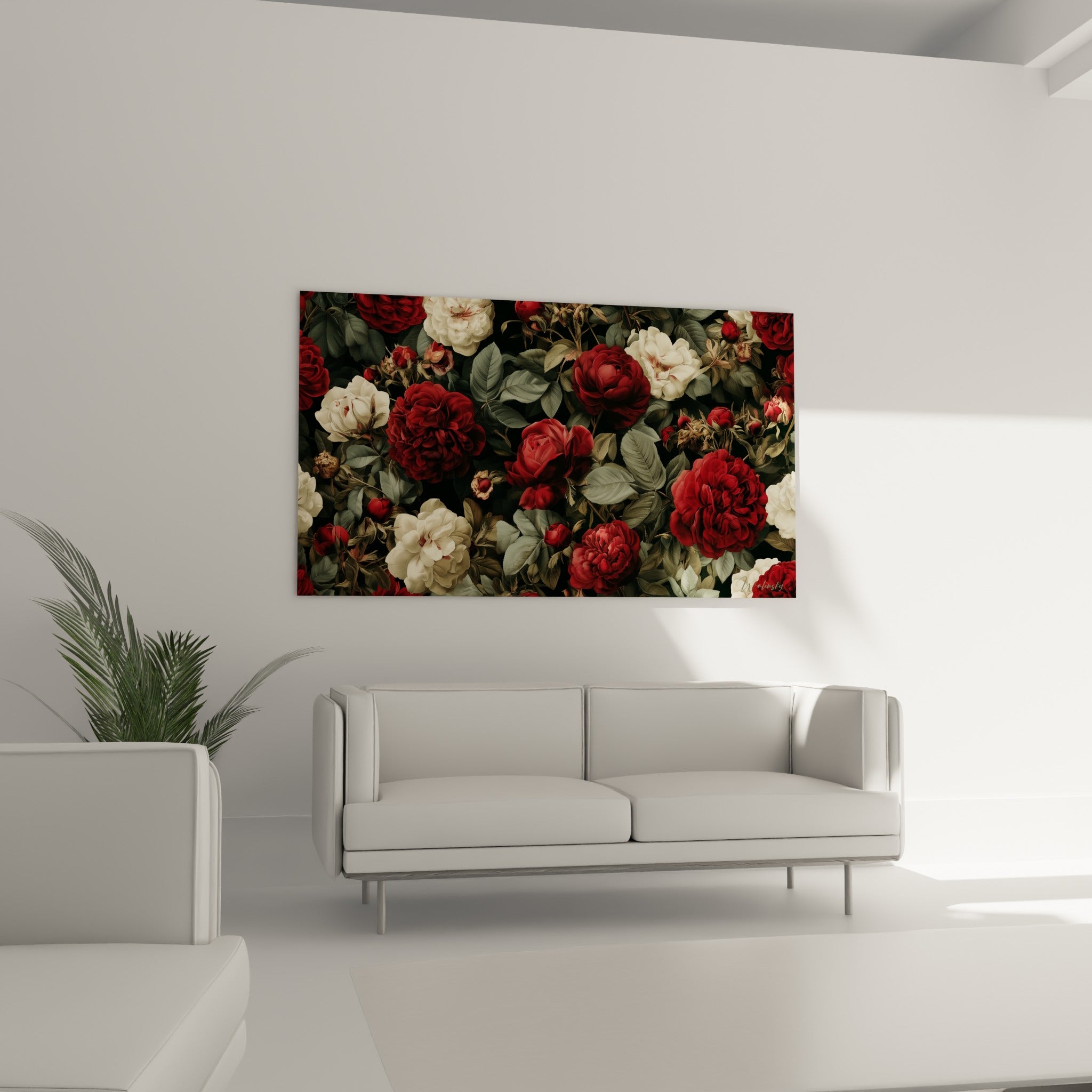 Fleurs pourpres et blanches en pleine floraison accrochées au-dessus d'un canapé dans un salon lumineux