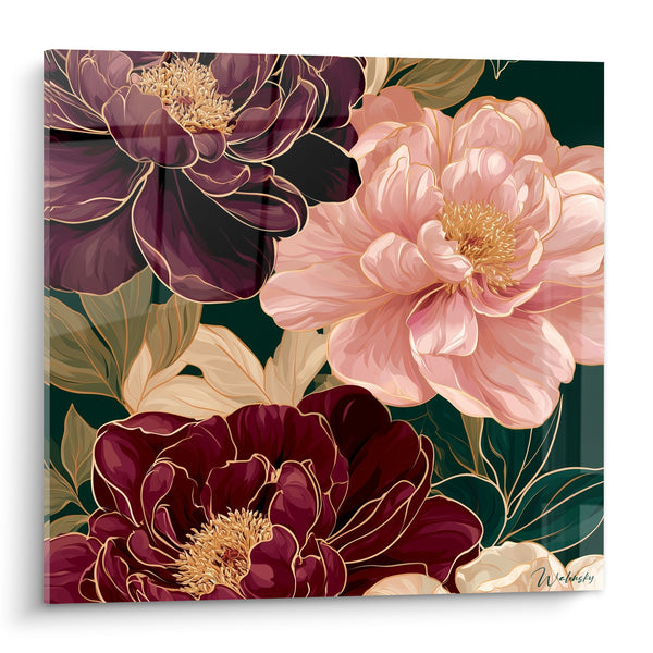 Tableau Pivoines prune et rose aux contours dorés - Étamines dorées éclatantes - Edition Pivoine