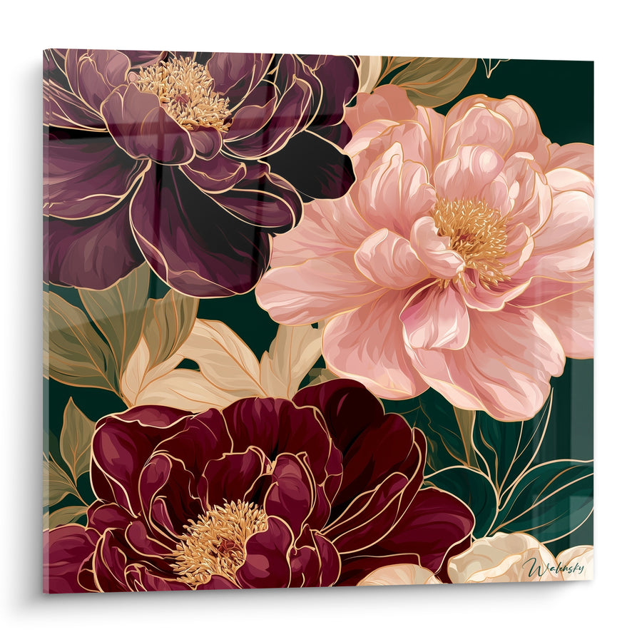 Tableau Pivoines prune et rose aux contours dorés - Étamines dorées éclatantes - Edition Pivoine