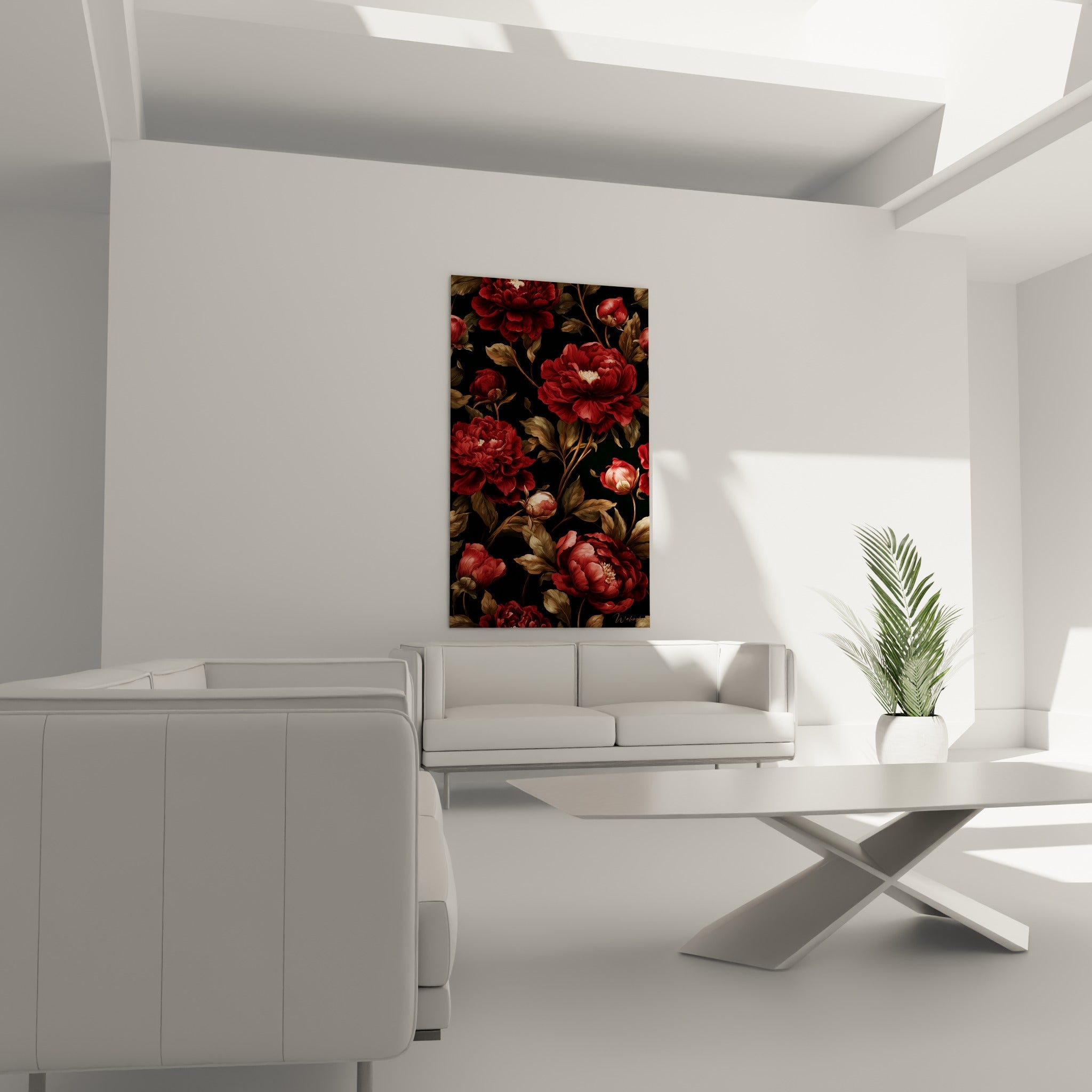 Fleurs de pivoine rouge intense et feuillages olive positionnées au-dessus d'un canapé dans un salon lumineux