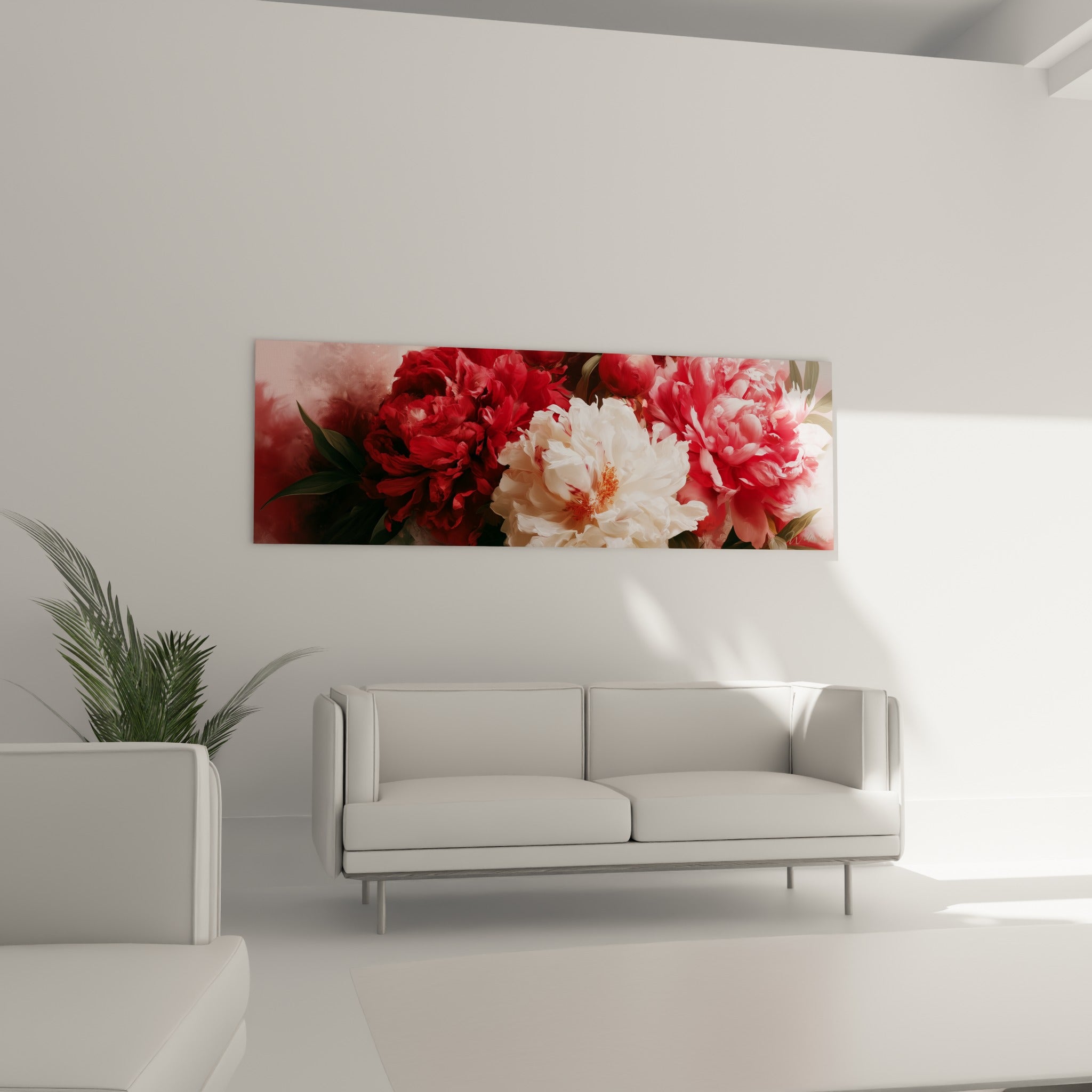 Pivoines roses et blanches en pleine floraison au-dessus d'un canapé dans un salon lumineux