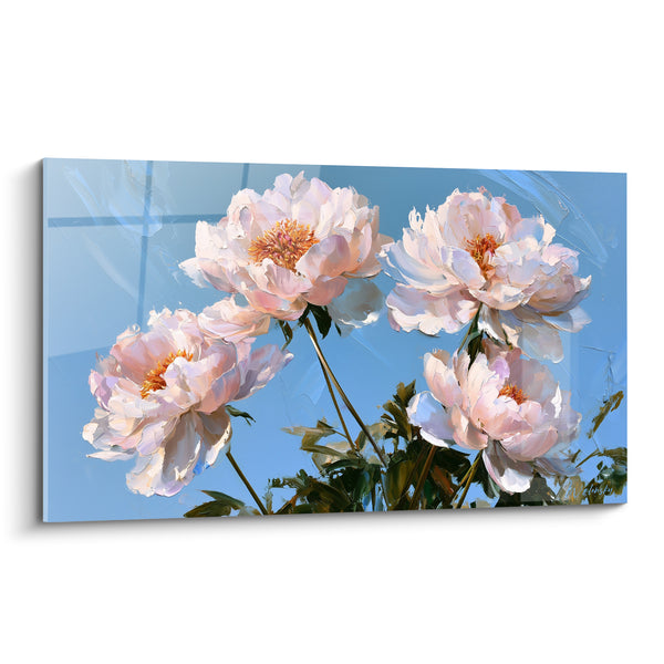 Tableau Pivoines rose pâle et bleu ciel aux tiges dressées - Cœurs orangés lumineux - Edition Pivoine