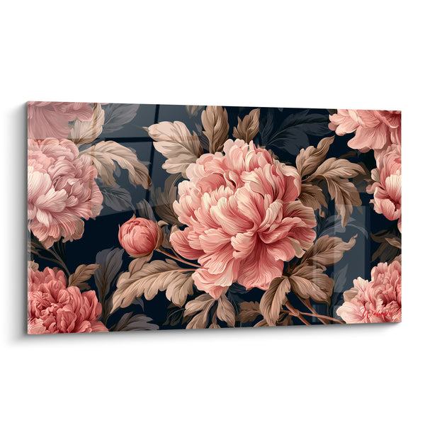 Tableau Pivoine rose et brune sur fond marine profond - Bouton latéral fermé - Edition Pivoine