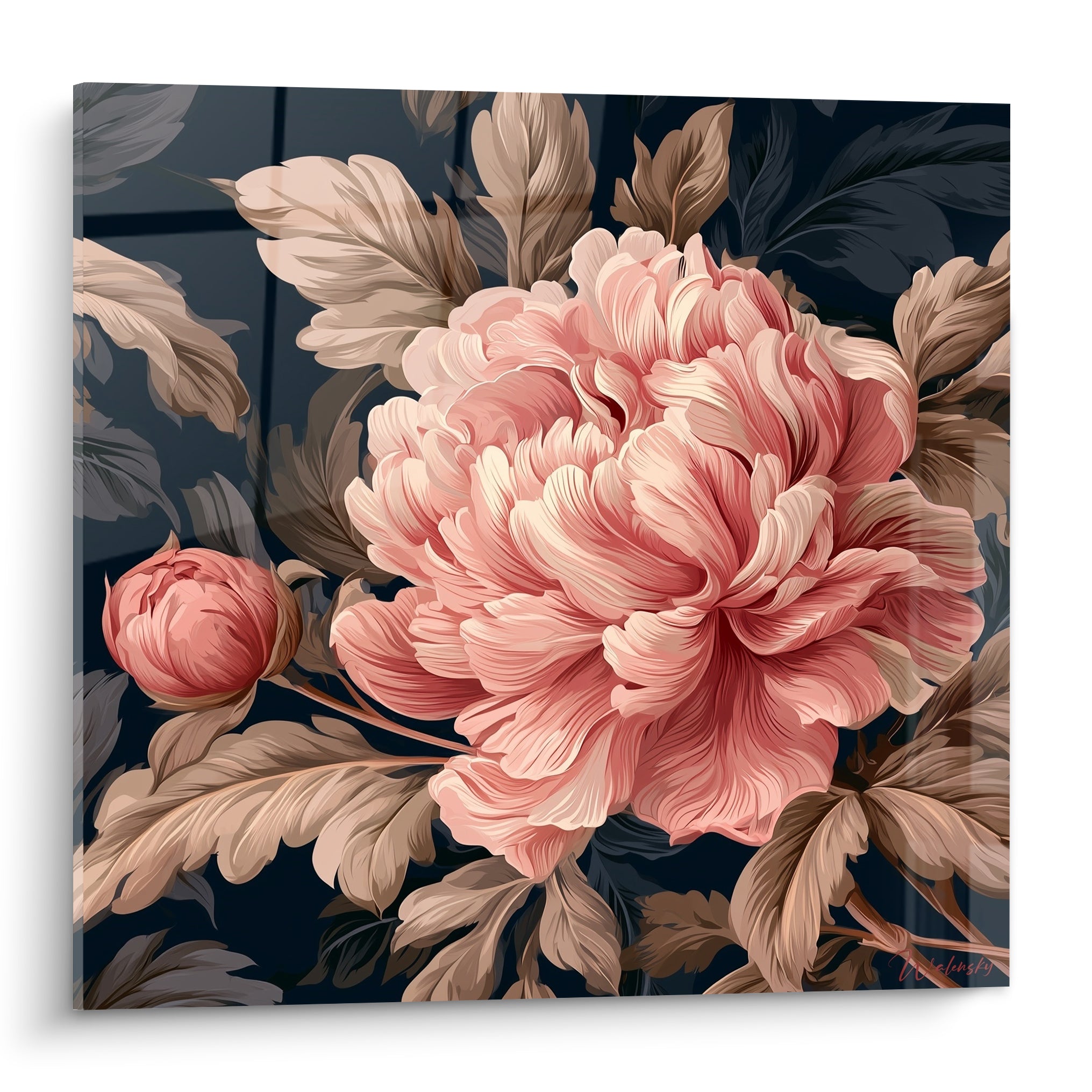 Pivoine rose aux pétales ébouriffés sur fond bleu marine, feuillage brun stylisé, tableau floral détaillé