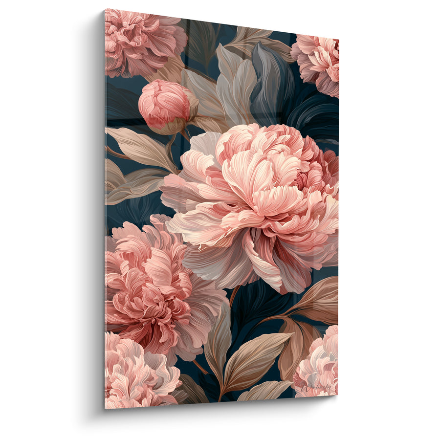 Tableau Pivoines rose et bleu marine aux feuilles beiges - Bouquet touffu serré - Edition Pivoine