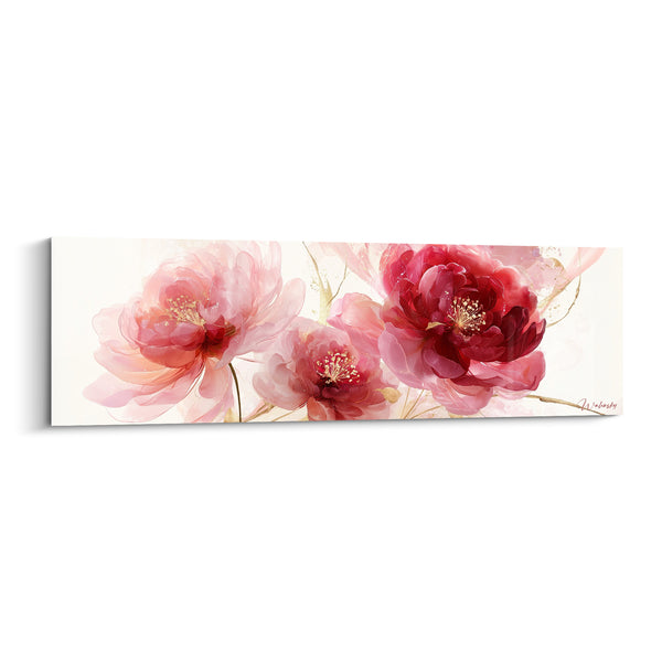 Tableau Pivoines rose pâle et grenat aux tiges dorées translucides - Étamines dorées délicates - Edition Pivoine