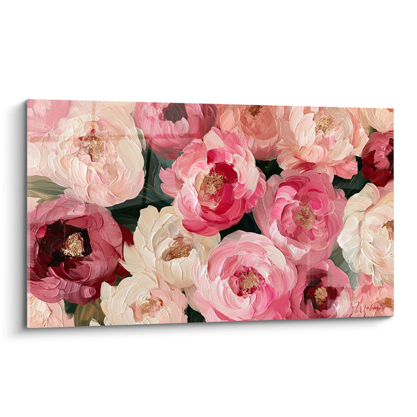 Tableau Pivoines rose et bordeaux aux cœurs dorés serrés - Bouquet compact fleuri - Edition Pivoine