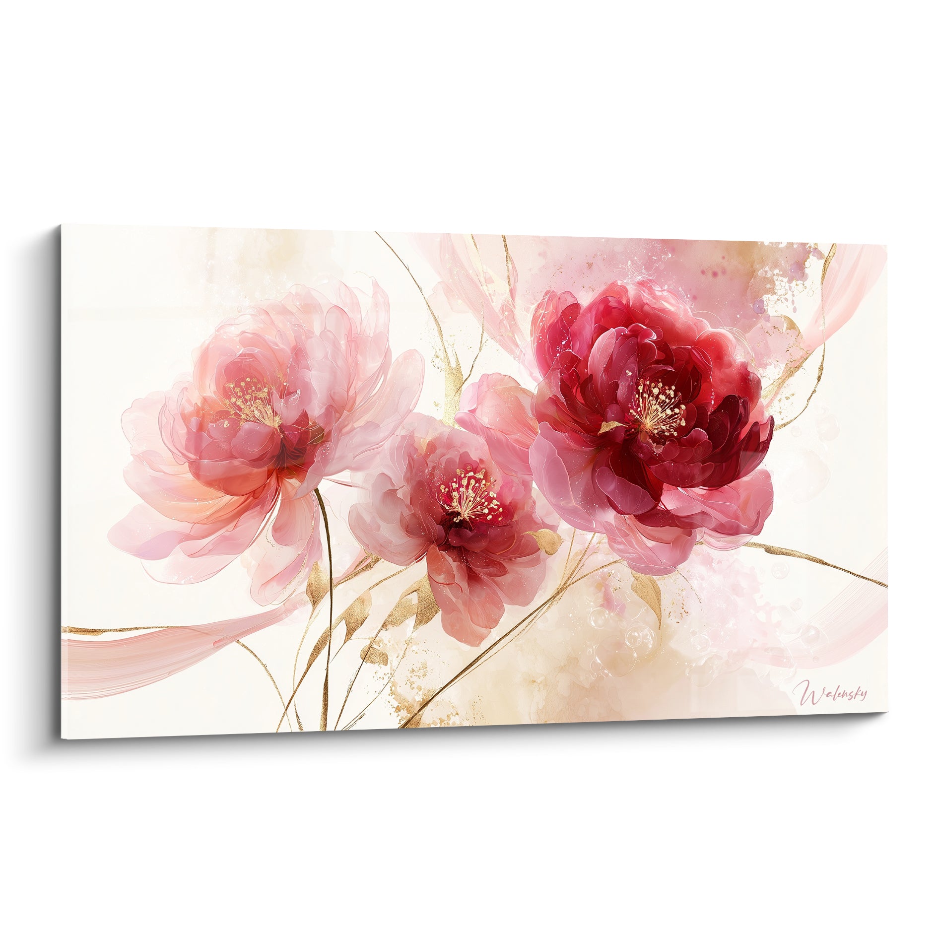 Pivoines rose et bordeaux aux étamines dorées, style aquarelle sur fond crème lumineux