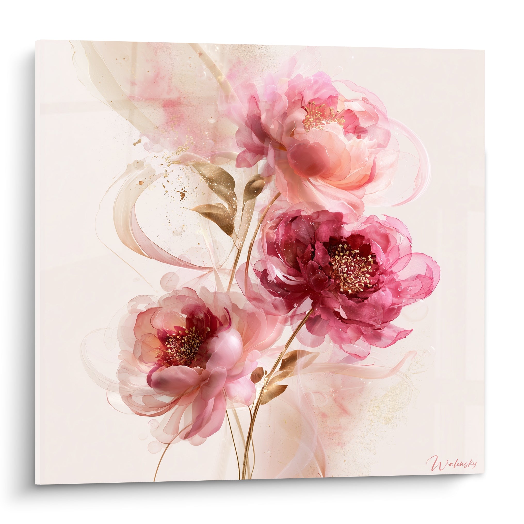 Pivoines roses et bordeaux aux volutes dorées sur fond ivoire, style aquarelle délicat