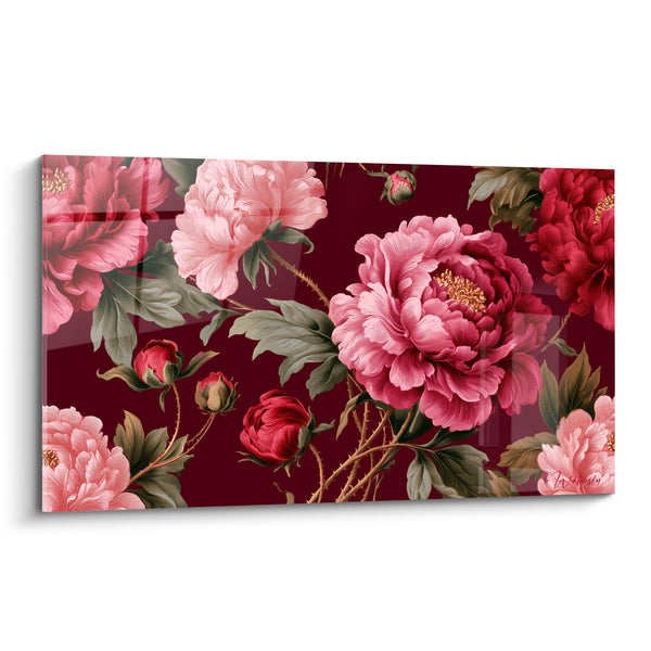 Tableau Pivoines roses et rouges sur fond grenat - Tiges épineuses entrelacées - Edition Pivoine