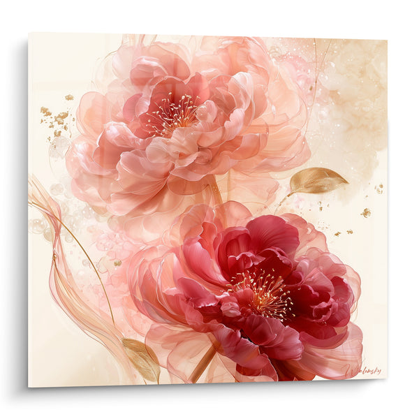 Tableau Pivoines rose poudré et bordeaux dorées - Souffle délicat - Edition Pivoine