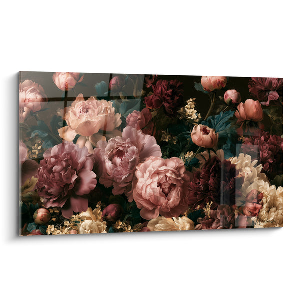 Tableau Pivoines roses et bordeaux aux petites fleurettes blanches - Bouquet touffu baroque - Edition Pivoine