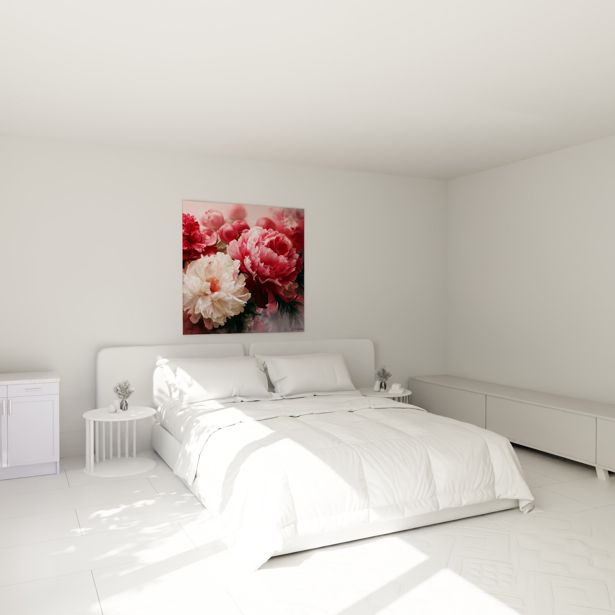 Bouquet de pivoines rose et blanc aux pétales délicats, accroché au-dessus d'un lit dans une chambre claire