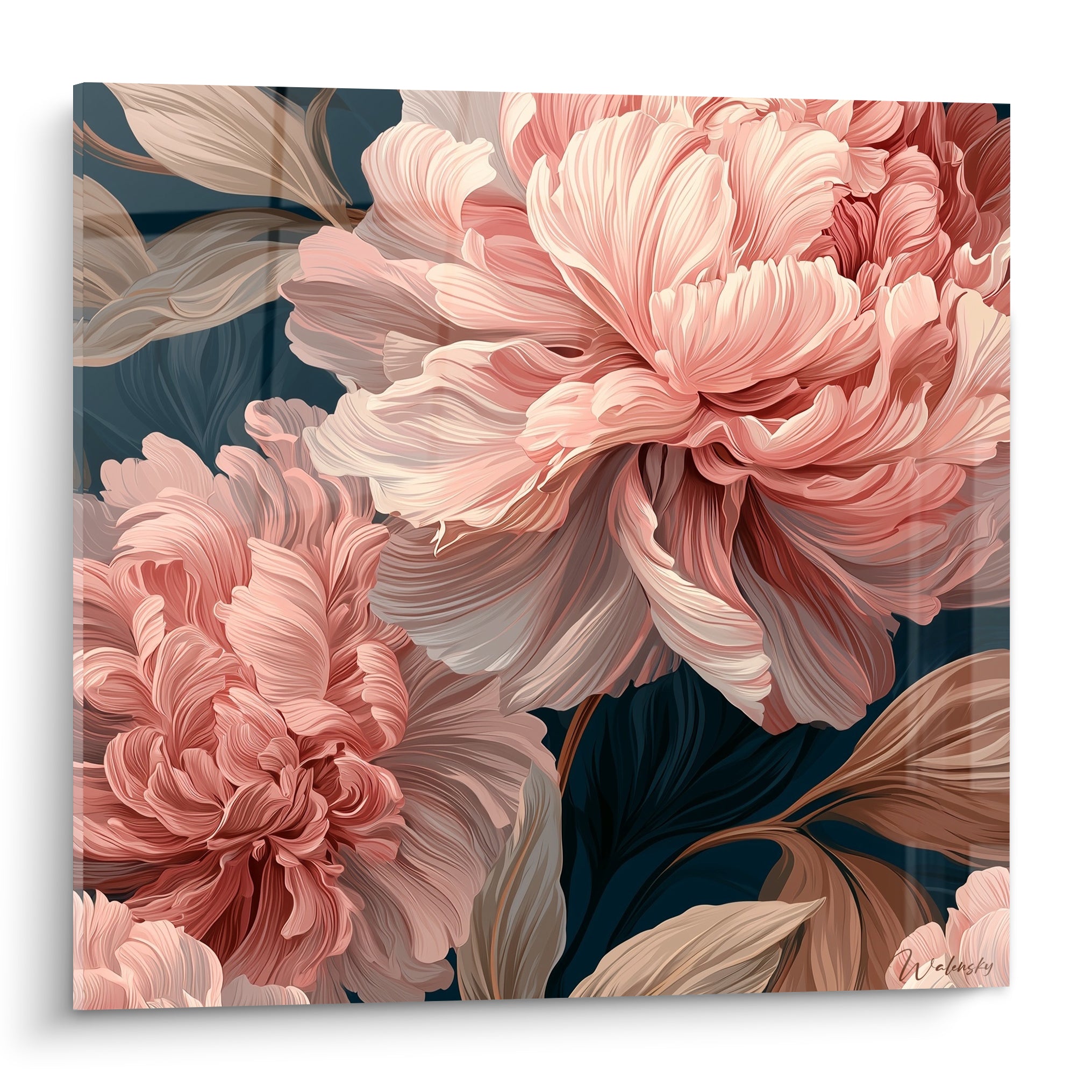 Pivoines roses et corail aux pétales détaillés sur fond bleu marine profond