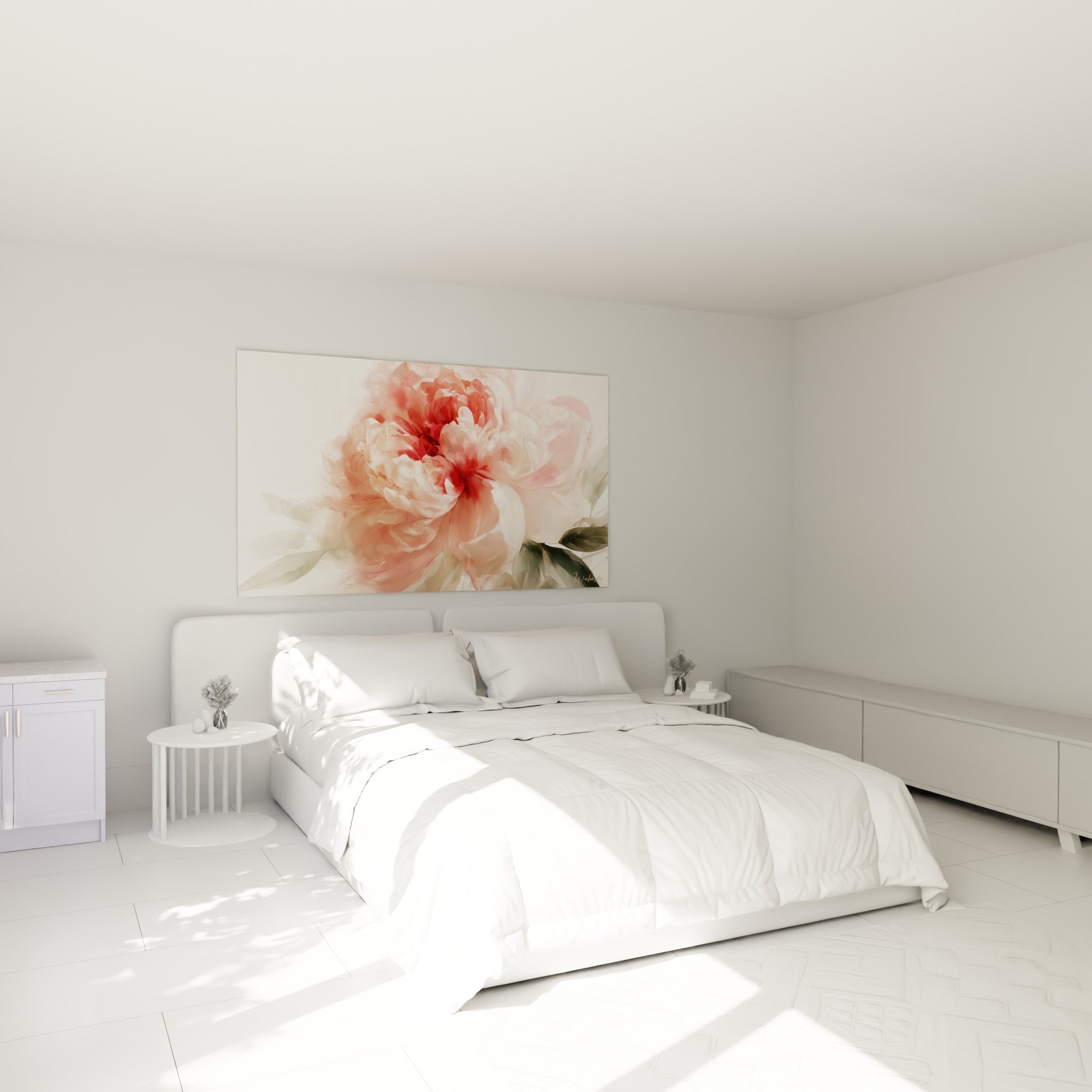 Fleur de pivoine rose poudré et vert sauge accrochée au-dessus d'un lit dans une chambre claire