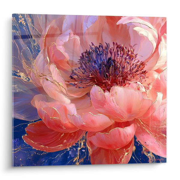 Tableau Pivoine corail et bleu marine aux nervures dorées - Cœur violet velouté - Edition Pivoine