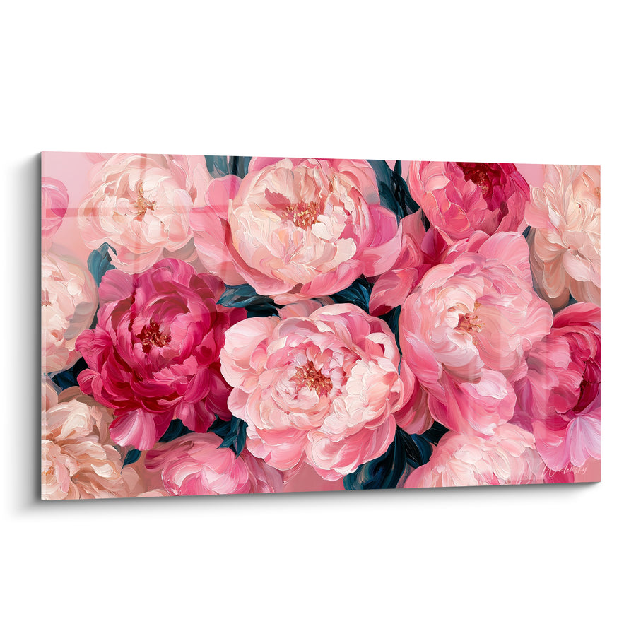 Tableau Pivoines rose pâle et magenta aux feuilles bleu pétrole - Bouquet compact serré - Edition Pivoine