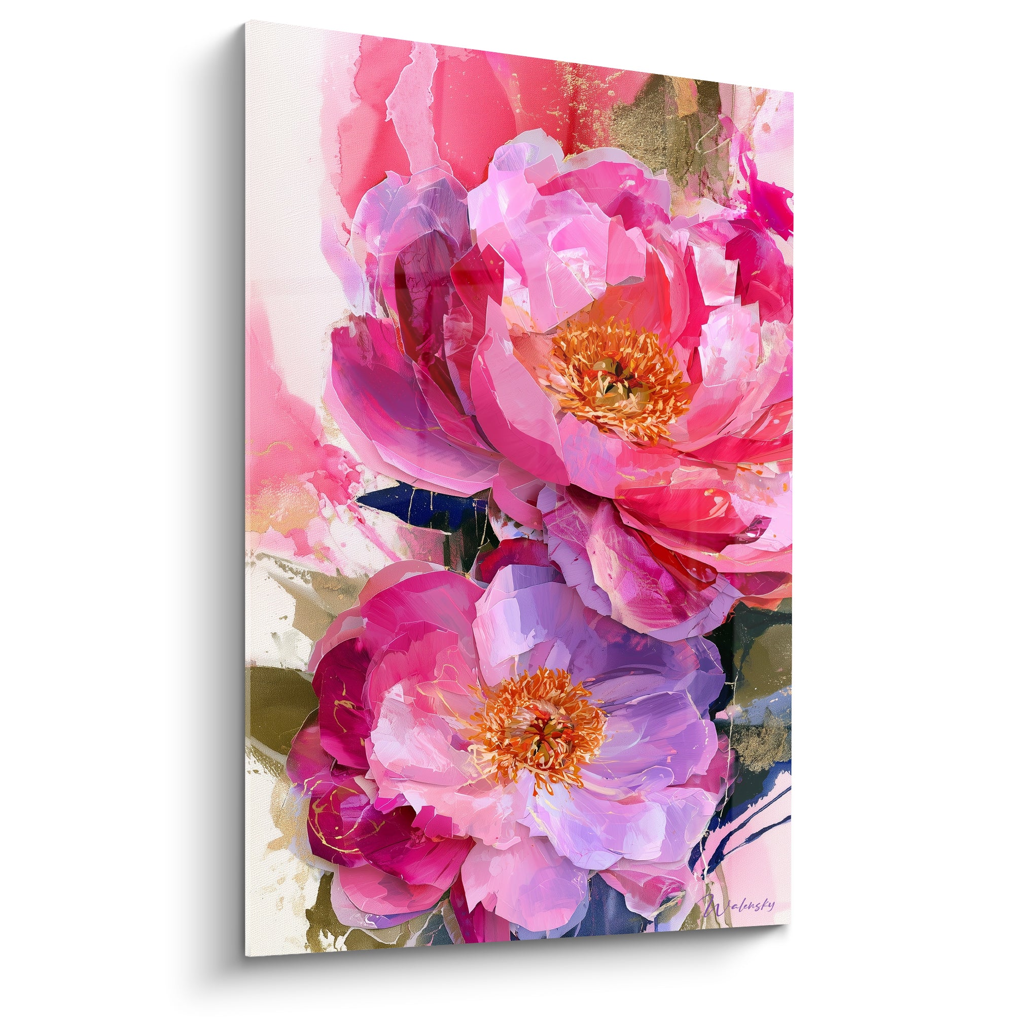 Deux pivoines roses et mauves aux cœurs dorés peintes en larges touches empâtées sur fond clair