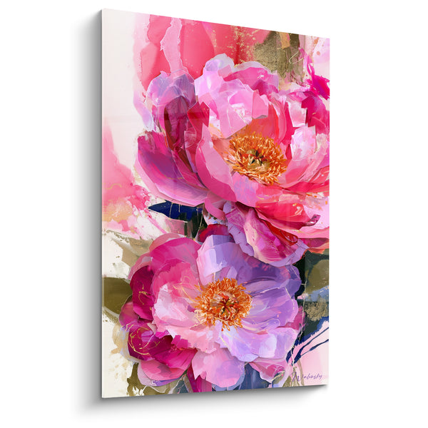 Tableau Pivoines roses et mauves aux étamines orangées - Empâtements à la palette - Edition Pivoine